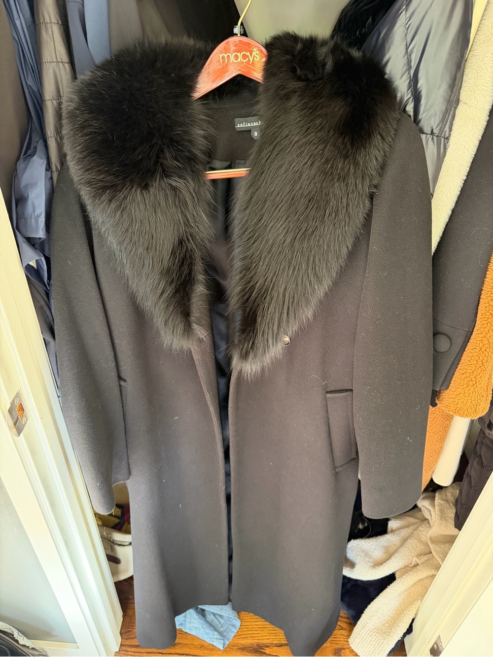 Sofia Cashmere Black Long Trench Coat with Plush fox fur Collar